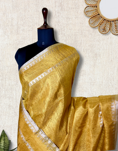 Handwoven Metallic Linen Tissue Saree - Fuel Yellow+ Gold