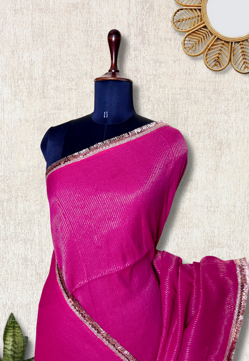 Handwoven Cotton Saree - Cerise Pink + Gold