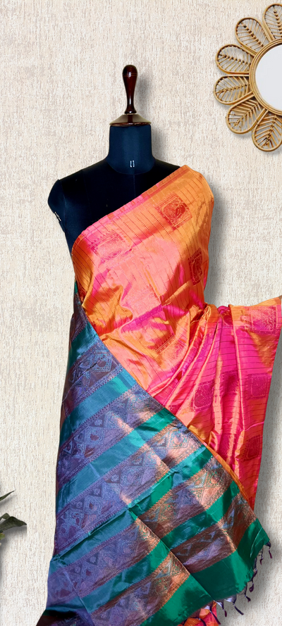 Handwoven Art Silk Saree -  Crimson Orange + Deep Sea Green