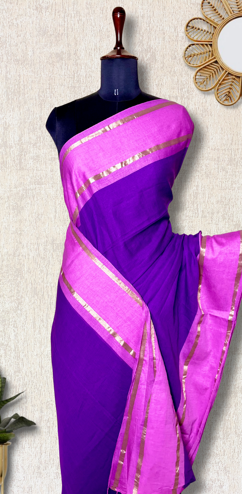 Handwoven Cotton Saree - Electric Violet + Flamingo Pink