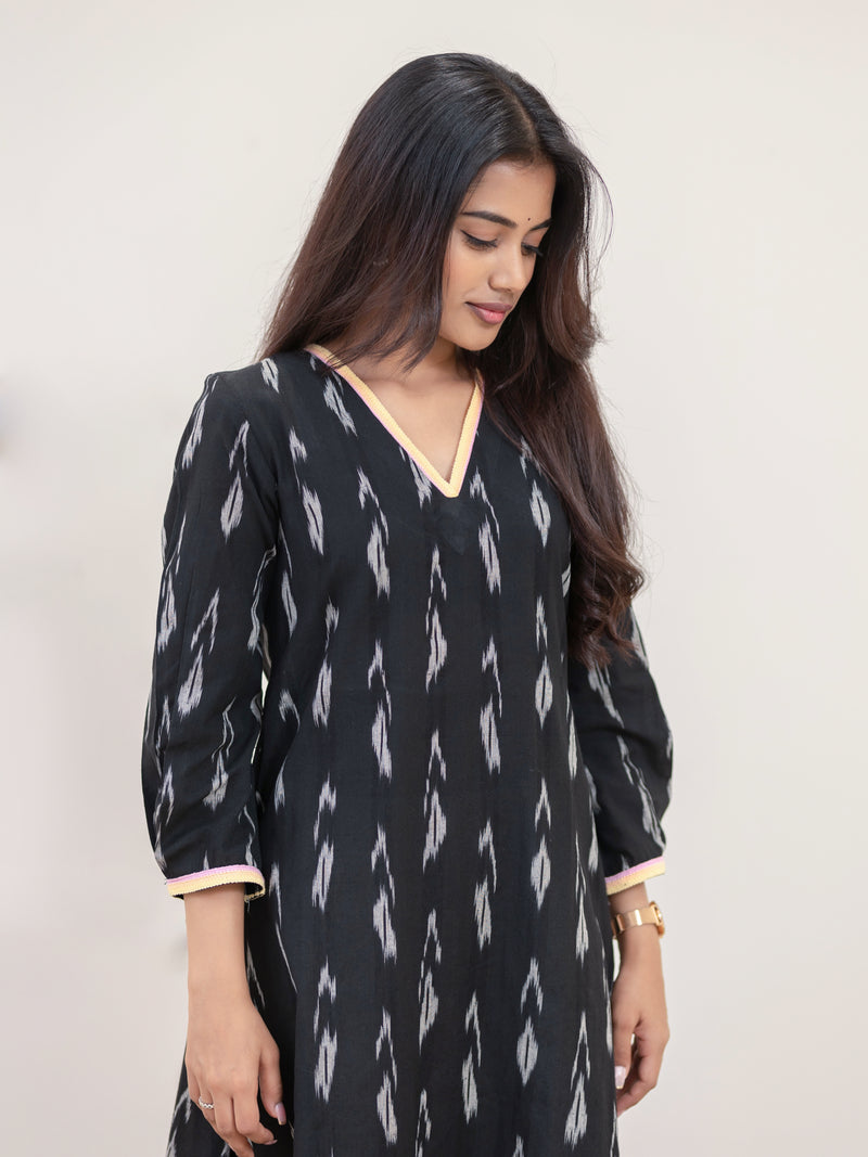 Black Sesame Ikat Handwoven A-Line Kurta