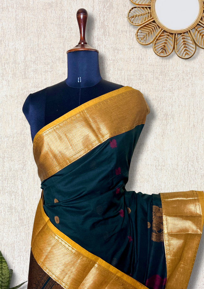 Kanchi Cotton Saree - Deep Green + Fuel Yellow
