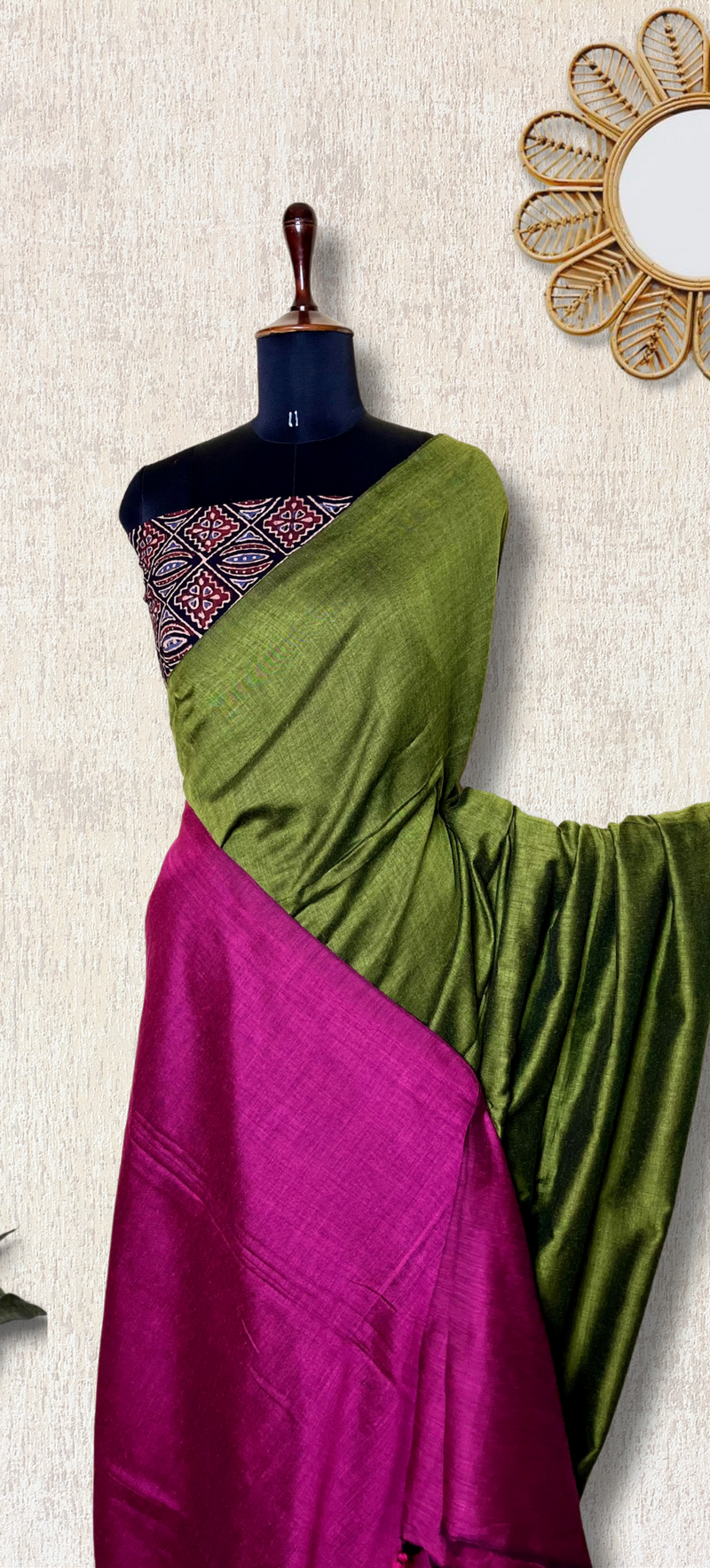 Khadi Cotton Saree - Olive Green+ Mulberry Pink