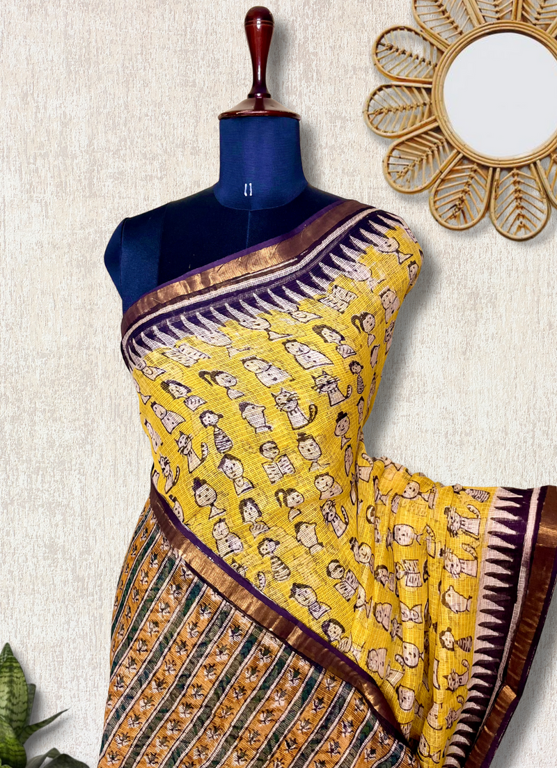 Handblock Printed Kota Doria Saree - Mustard Yellow + Pearl Black