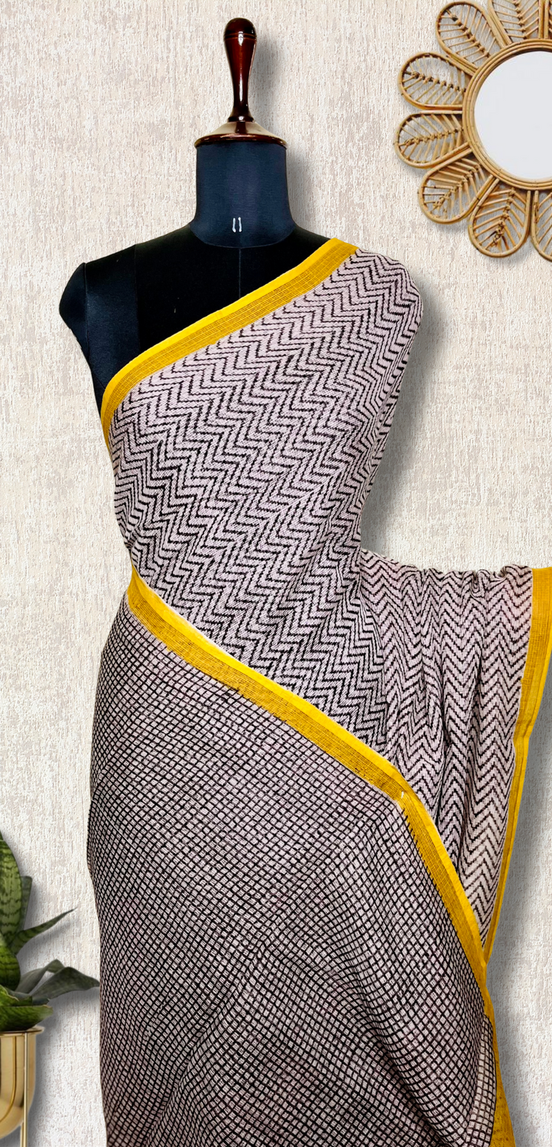 Handblock Printed Kota Doria Saree - Thunder Black + Persian Yellow