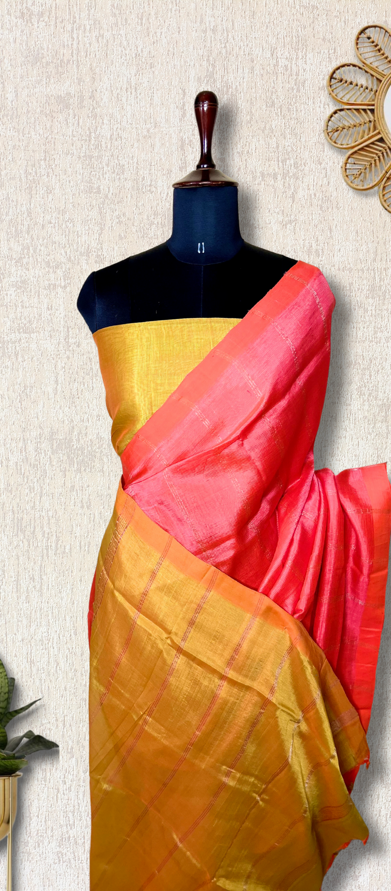 Handwoven Mangalgiri Silk Cotton Saree - Sweet Pink + Energy Yellow