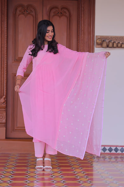 Pink Lychee Embroidered A-Line Co-ord Set With Dupatta