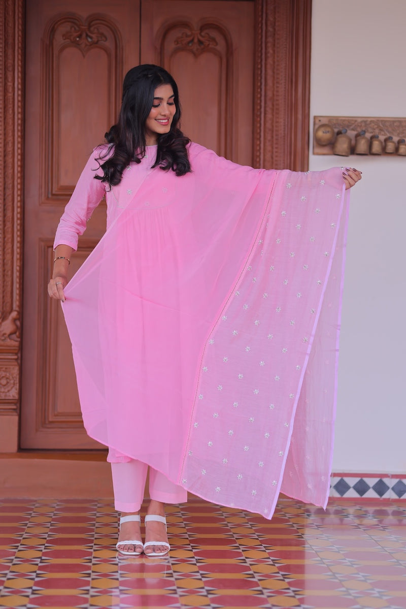 Pink Lychee Embroidered A-Line Co-ord Set With Dupatta