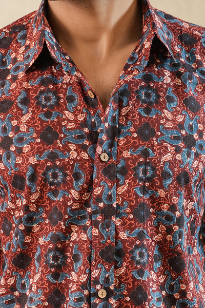 Red Blue Ajrakh Full Sleeve Shirt