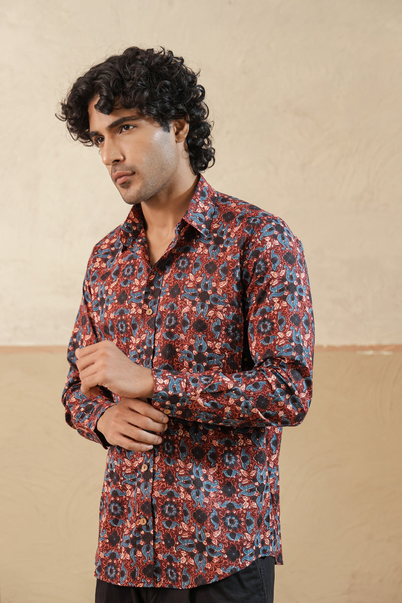 Red Blue Ajrakh Full Sleeve Shirt