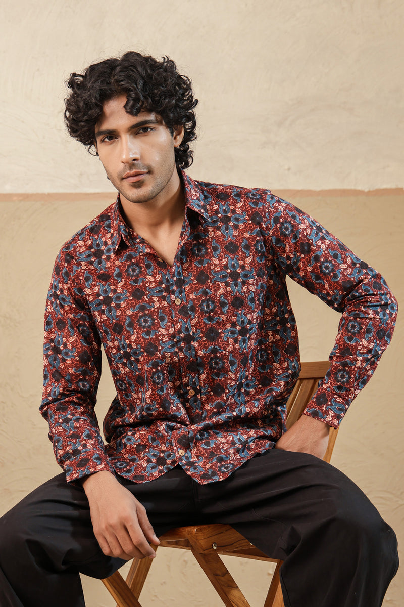 Red Blue Ajrakh Full Sleeve Shirt