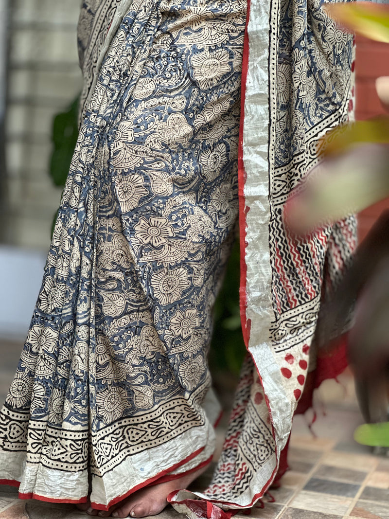 EXP - Kanmani blue floral linen saree