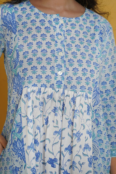 Pastel Blue White Floral Midi Dress