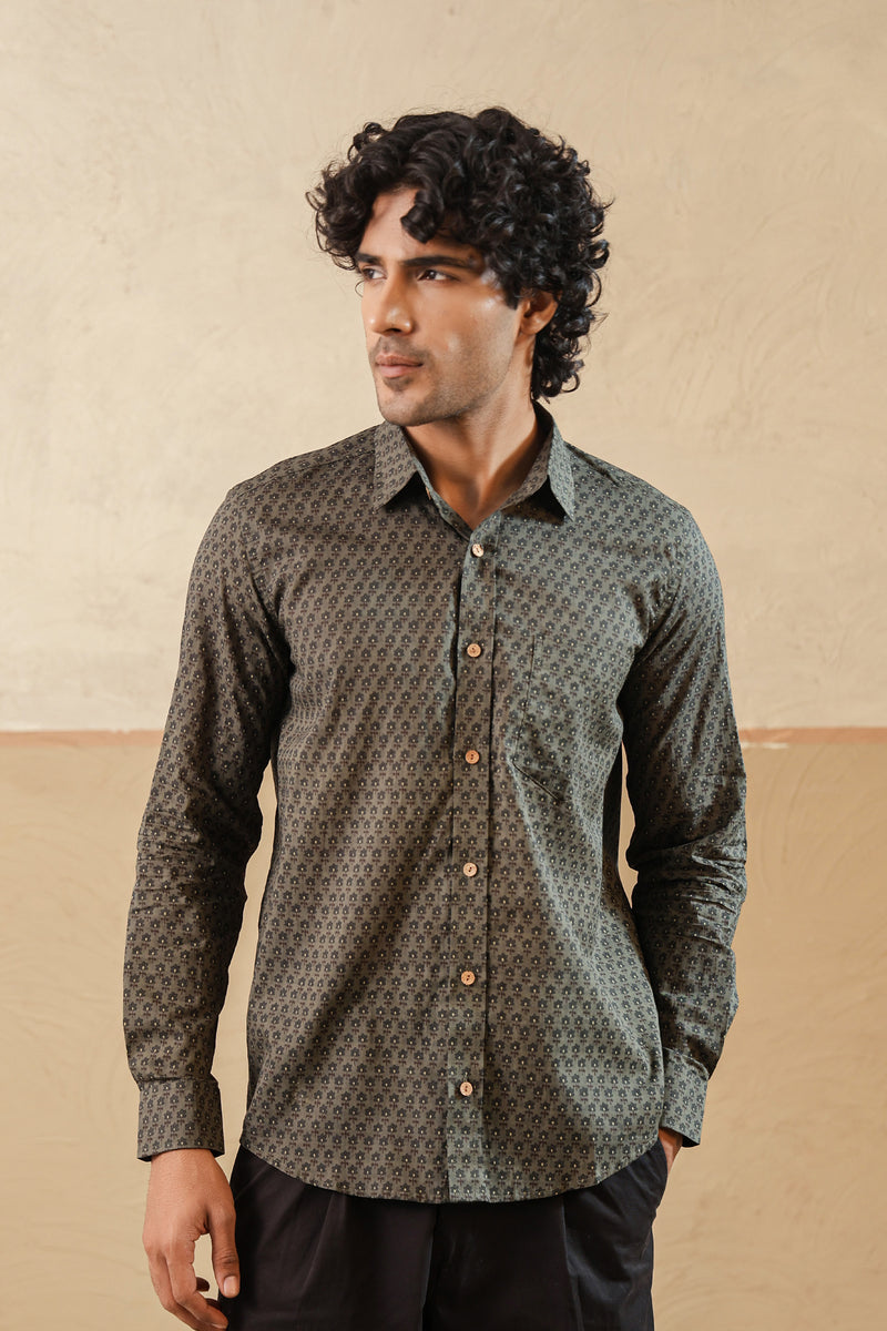 Grey Floral Buti Full Sleeve Shirt