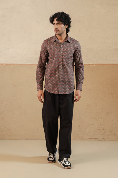 Brown Red Lotus Buti Full Sleeve Shirt