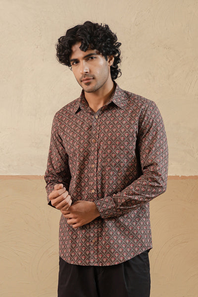 Brown Red Lotus Buti Full Sleeve Shirt