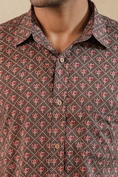 Brown Red Lotus Buti Full Sleeve Shirt