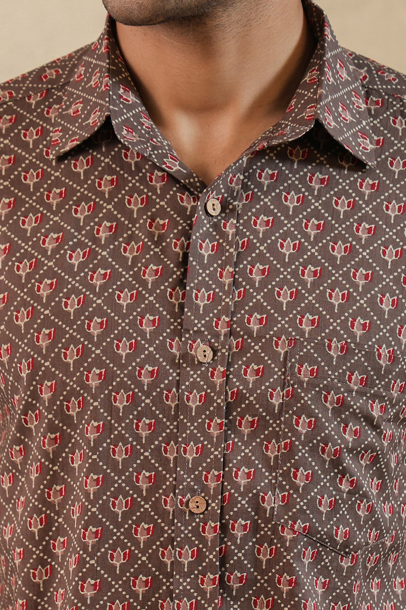 Brown Red Lotus Buti Full Sleeve Shirt