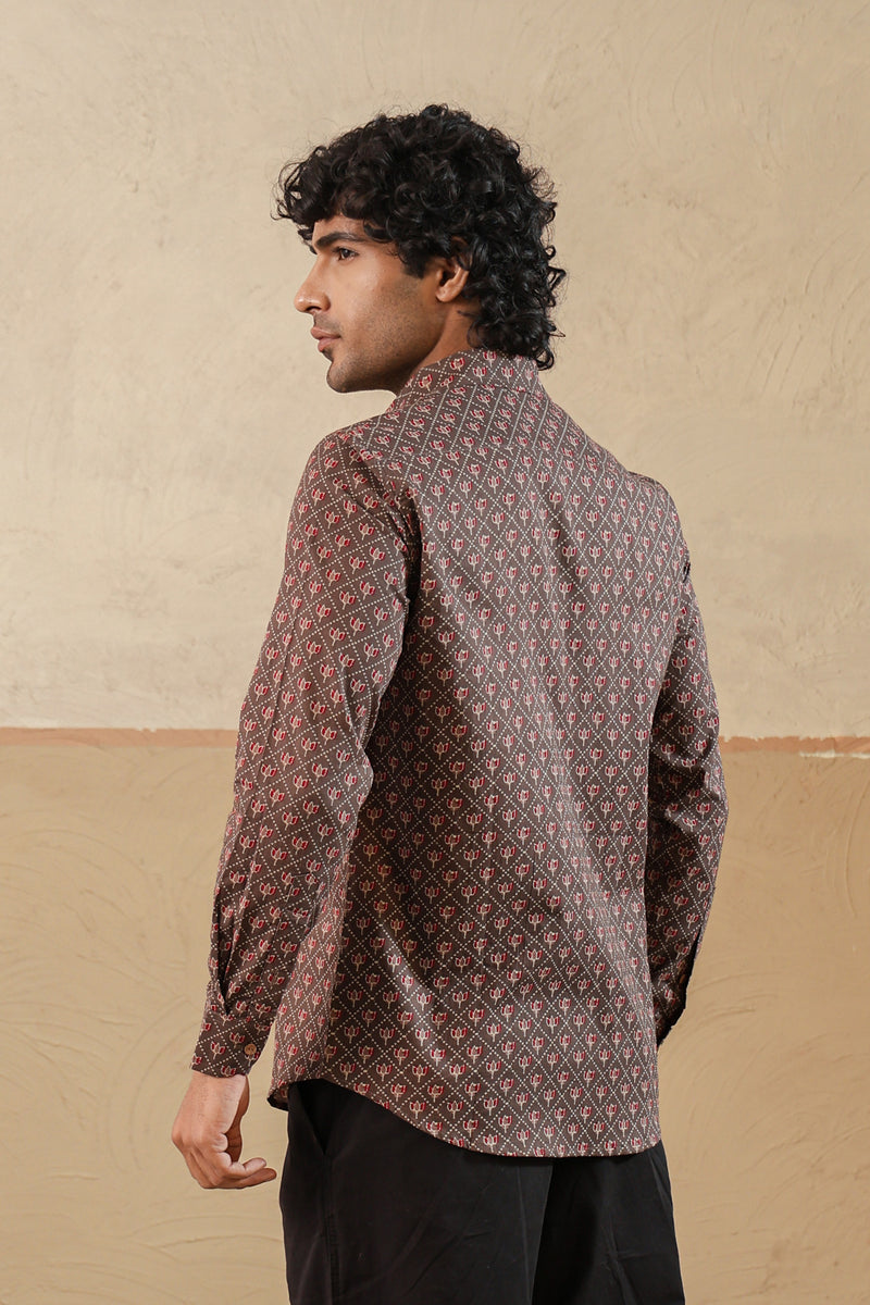 Brown Red Lotus Buti Full Sleeve Shirt