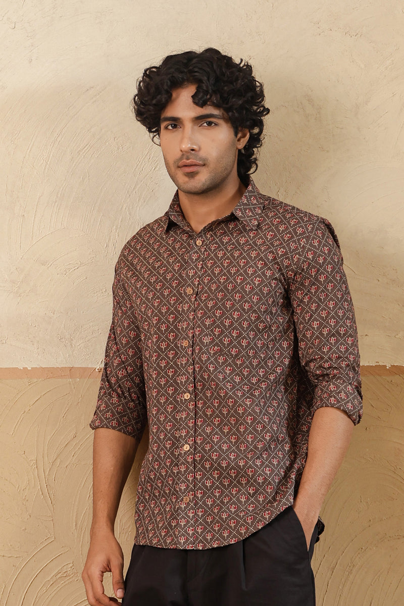 Brown Red Lotus Buti Full Sleeve Shirt