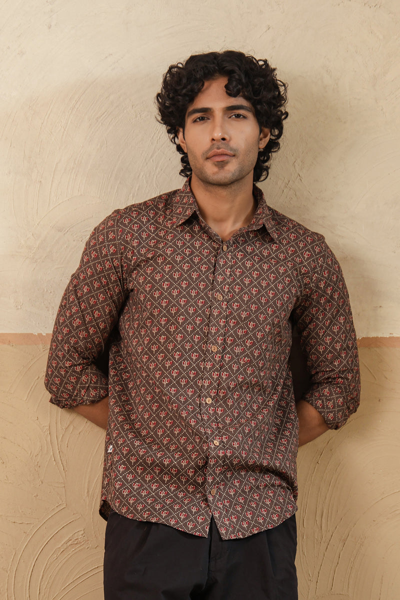 Brown Red Lotus Buti Full Sleeve Shirt