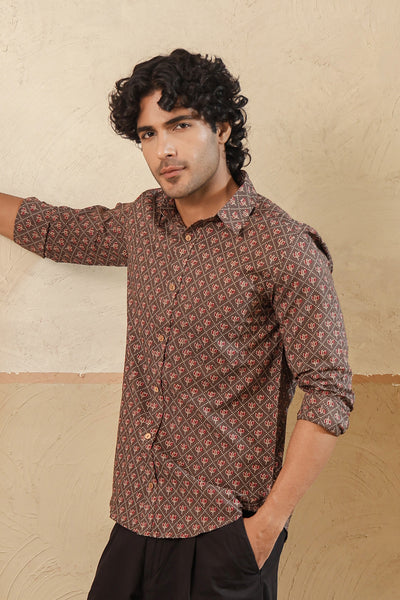 Brown Red Lotus Buti Full Sleeve Shirt