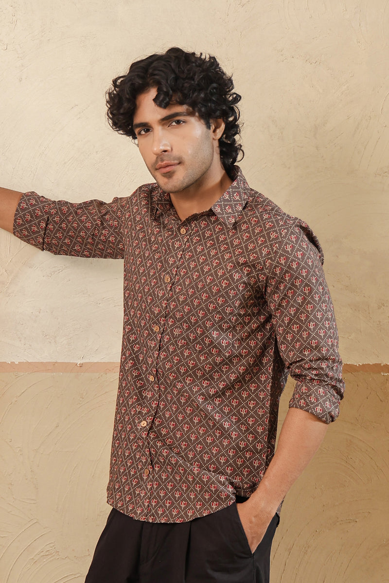 Brown Red Lotus Buti Full Sleeve Shirt