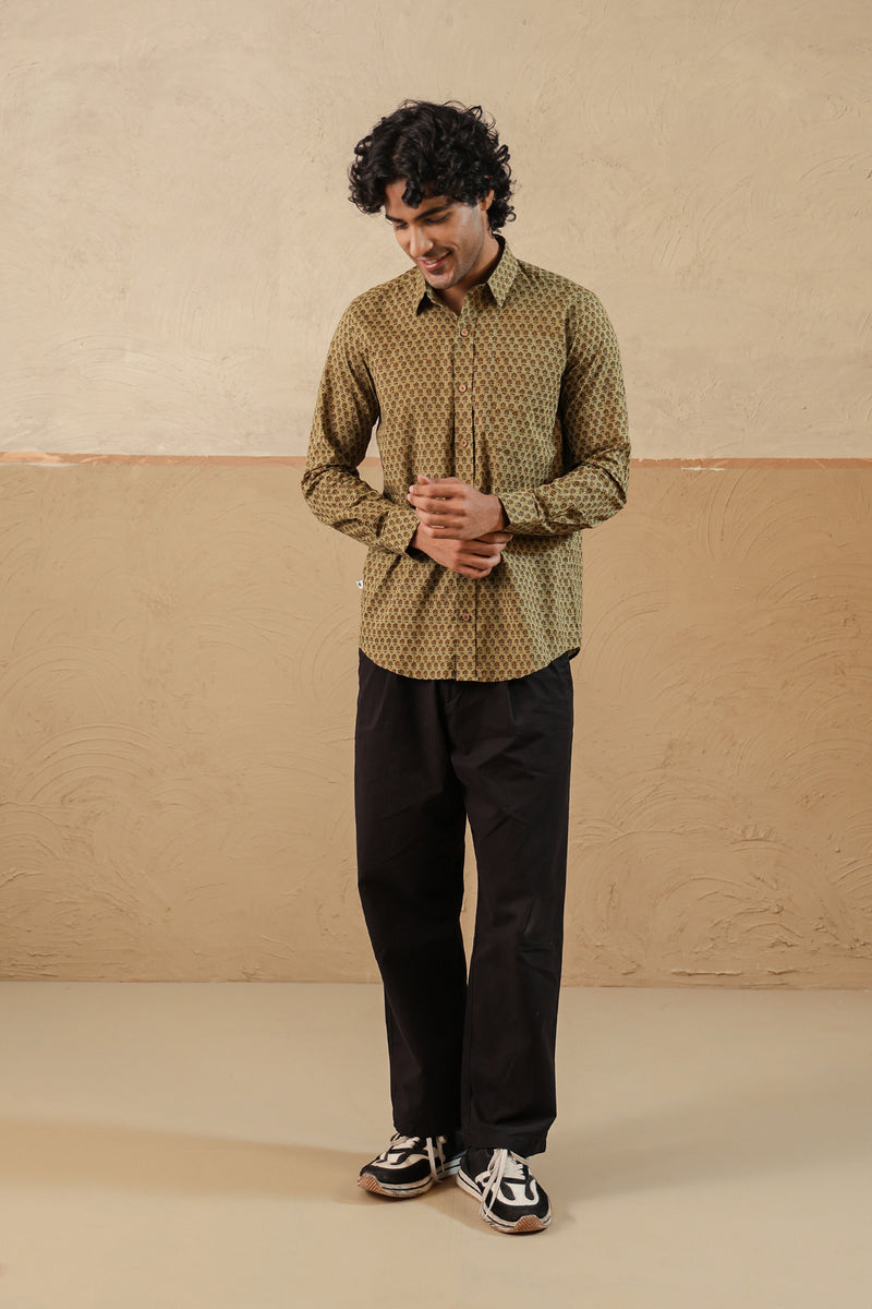 Olive Brown Floral Buti Full Sleeve Shirt
