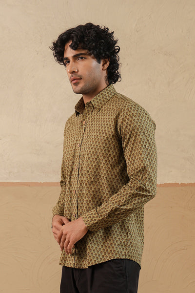 Olive Brown Floral Buti Full Sleeve Shirt
