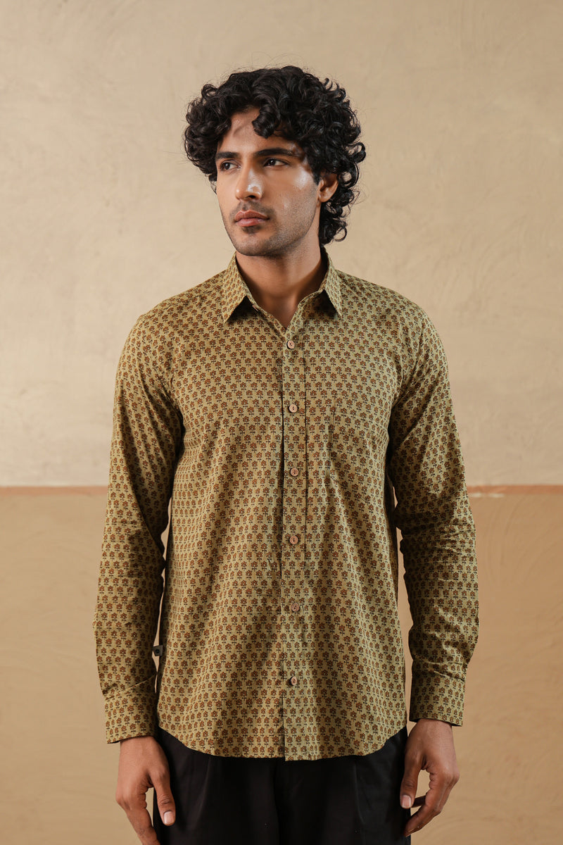 Olive Brown Floral Buti Full Sleeve Shirt