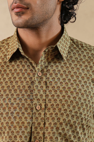 Olive Brown Floral Buti Full Sleeve Shirt