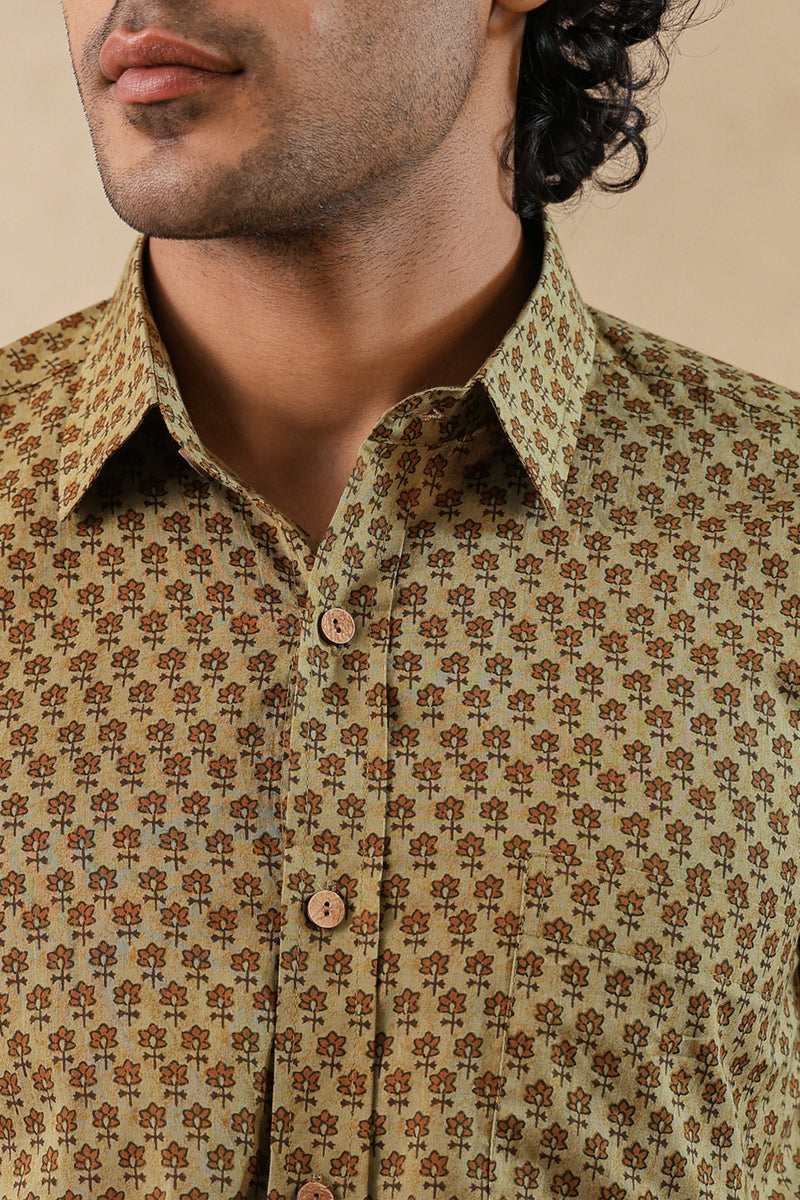Olive Brown Floral Buti Full Sleeve Shirt