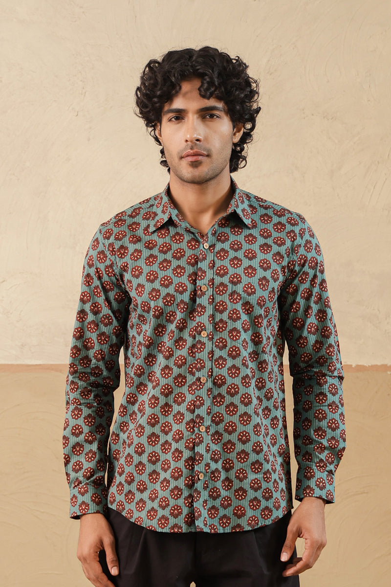 Blue Stripe Red Buti Full Sleeve Shirt