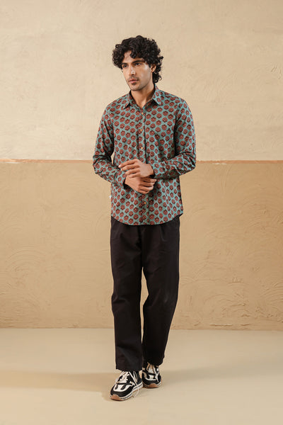 Blue Stripe Red Buti Full Sleeve Shirt