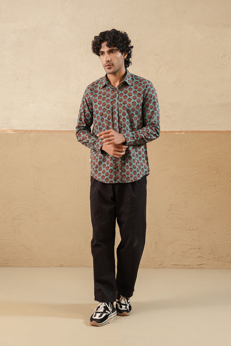 Blue Stripe Red Buti Full Sleeve Shirt