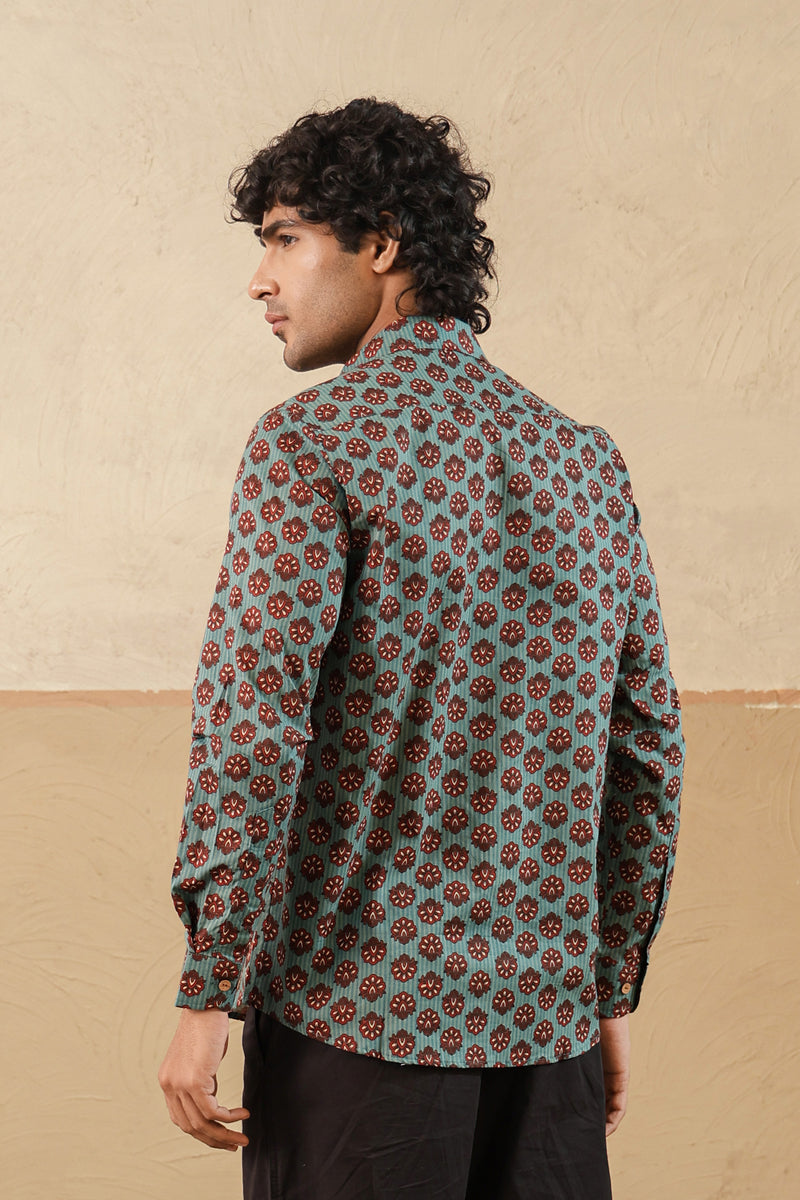 Blue Stripe Red Buti Full Sleeve Shirt