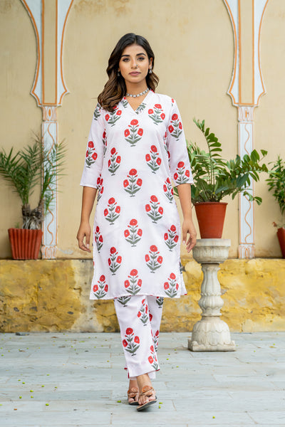 Off-White Red Poppy Kurta set