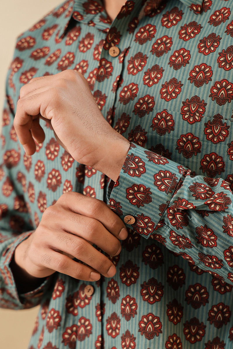 Blue Stripe Red Buti Full Sleeve Shirt