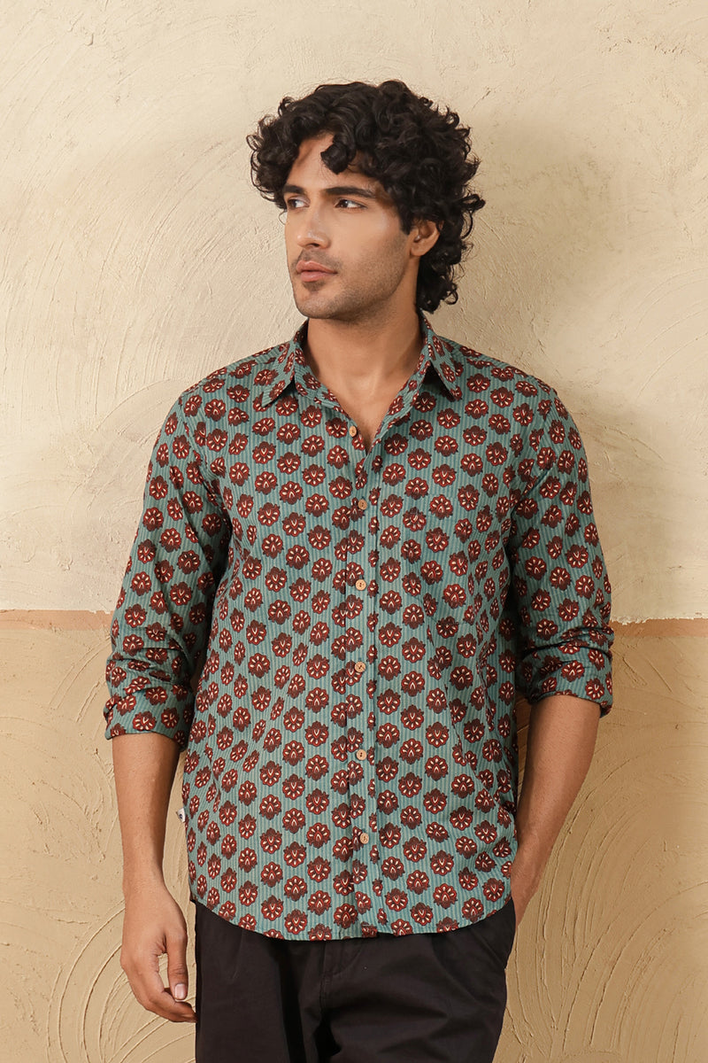 Blue Stripe Red Buti Full Sleeve Shirt