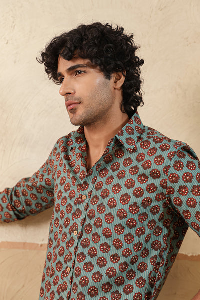 Blue Stripe Red Buti Full Sleeve Shirt