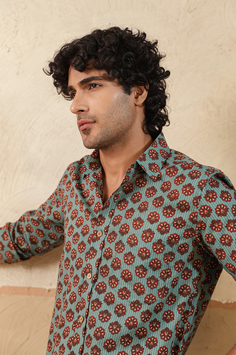Blue Stripe Red Buti Full Sleeve Shirt