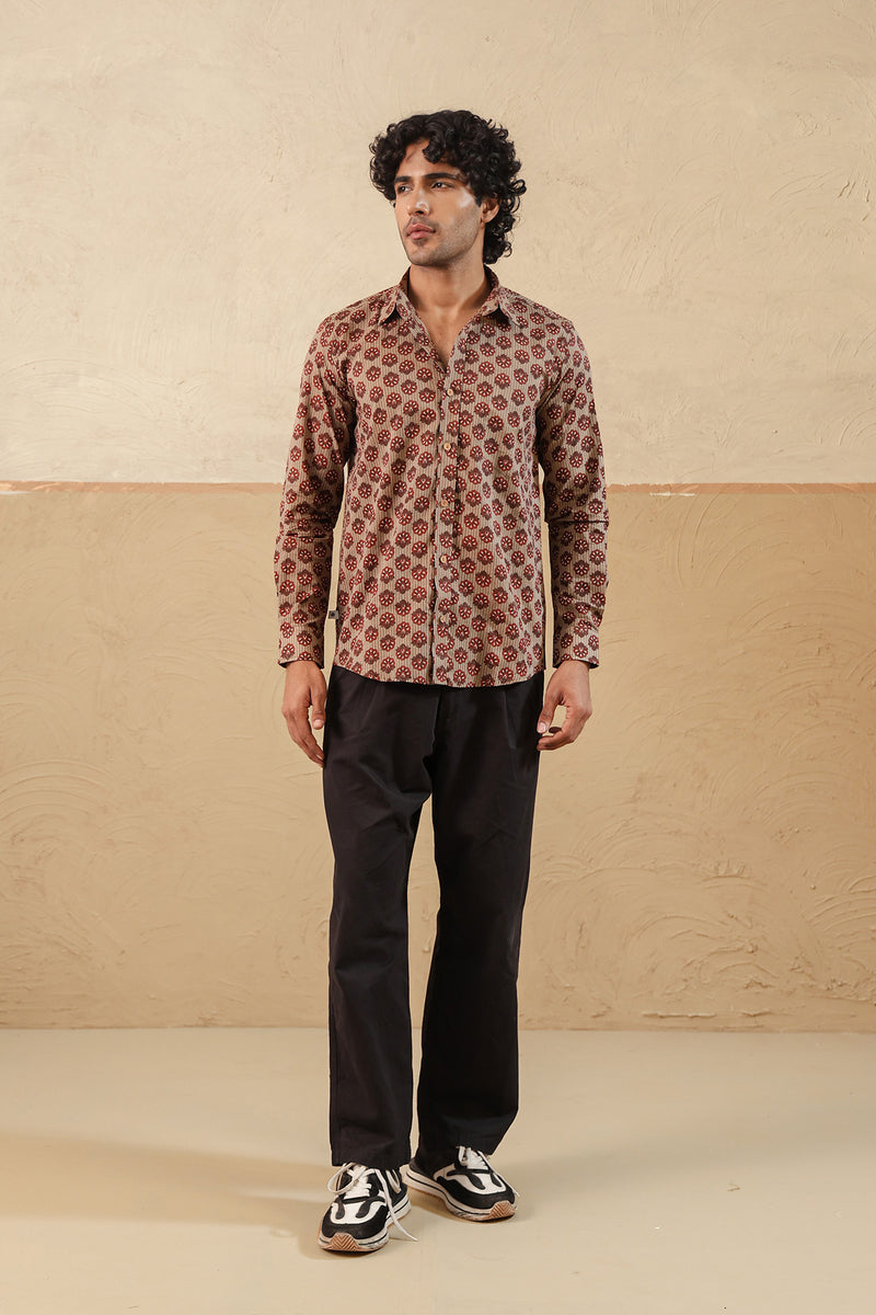 Brown Stripe Red Buti Full Sleeve Shirt