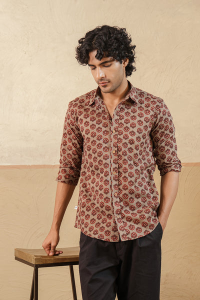 Brown Stripe Red Buti Full Sleeve Shirt