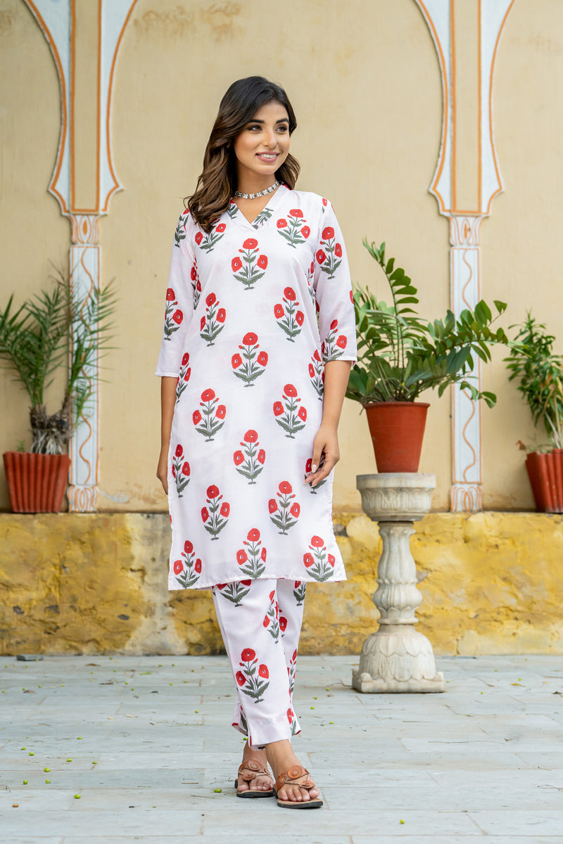 Off-White Red Poppy Kurta set