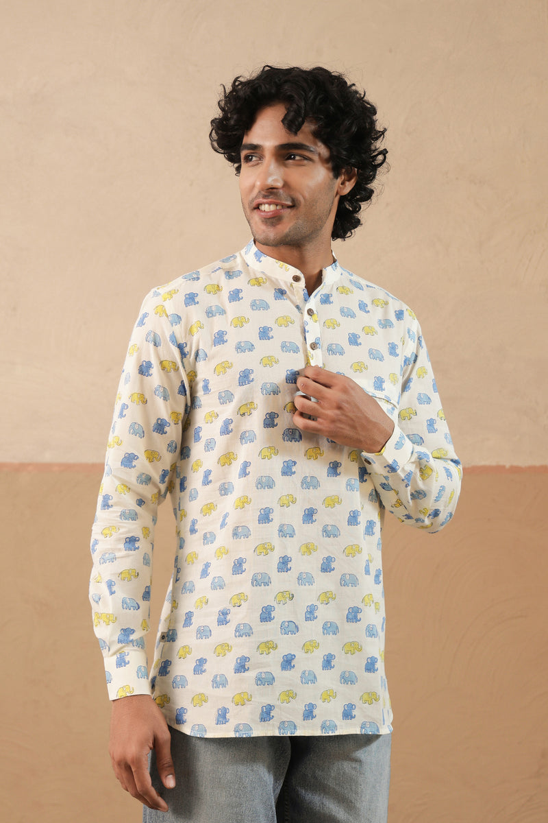Yellow Blue Multi Elephant Short Kurta
