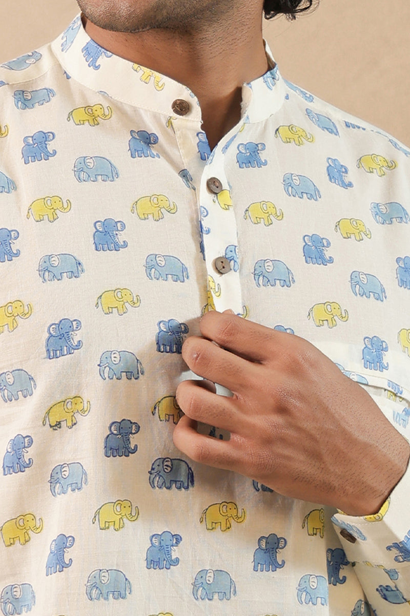 Yellow Blue Multi Elephant Short Kurta