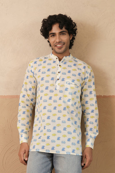 Yellow Blue Multi Elephant Short Kurta