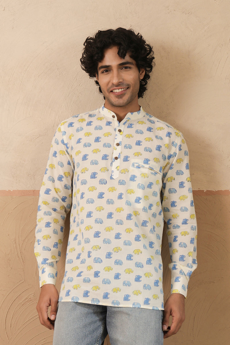 Yellow Blue Multi Elephant Short Kurta