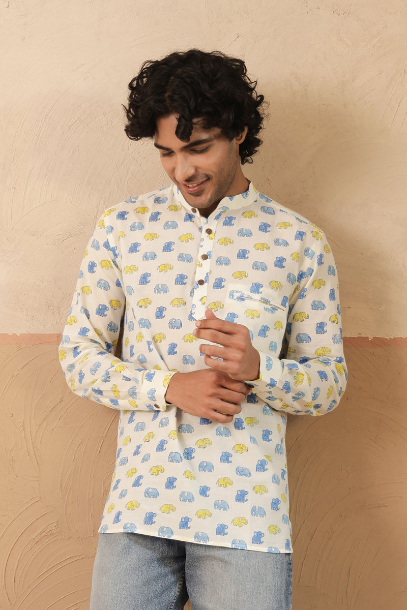 Yellow Blue Multi Elephant Short Kurta