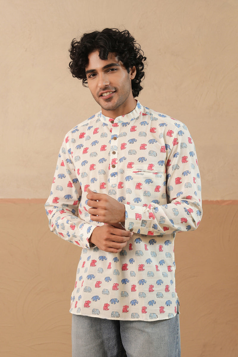 Pink Blue Multi Elephant Short Kurta